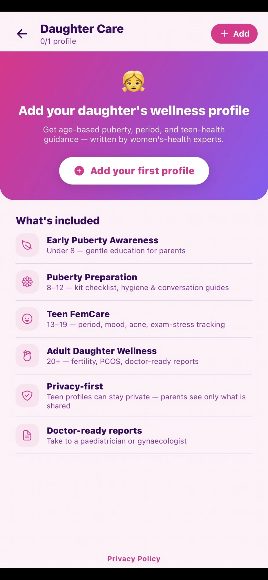 FemCare app UI
