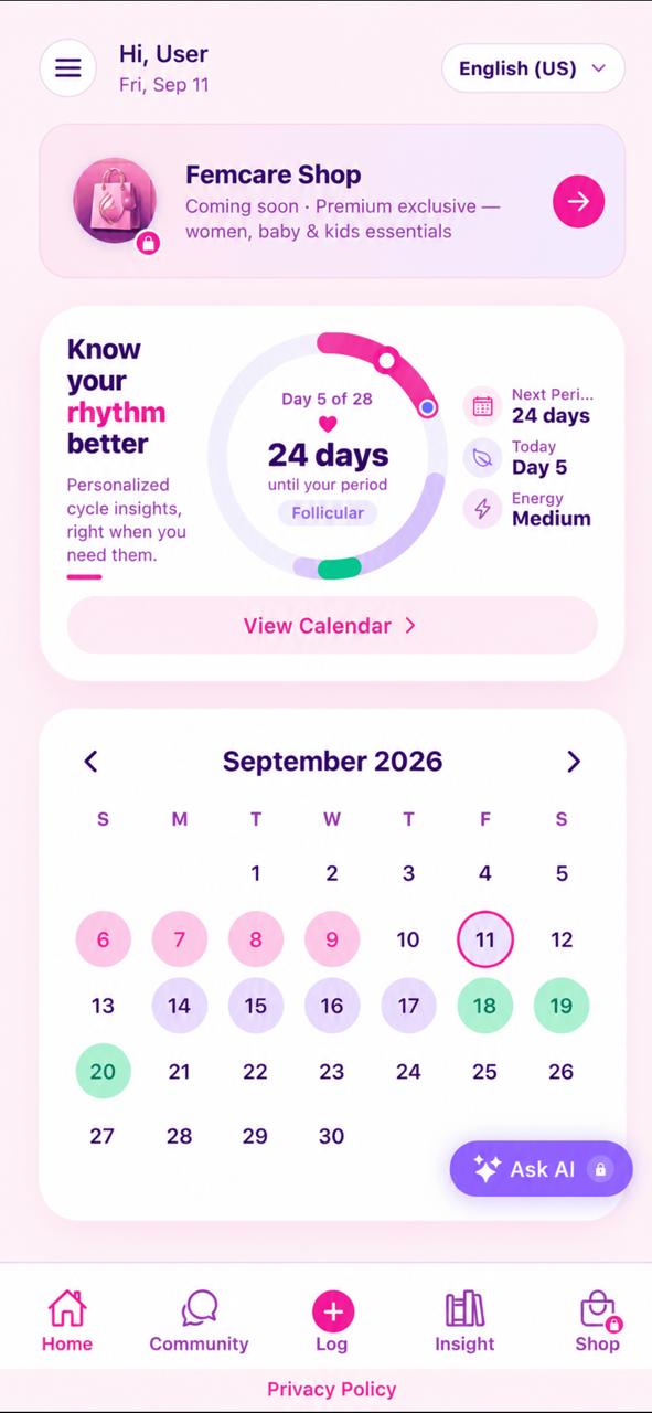 FemCare app UI